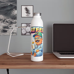 White water bottle with colorful design on a wooden desk with a laptop and lamp.