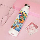White water bottle with cartoon character design on a pink background