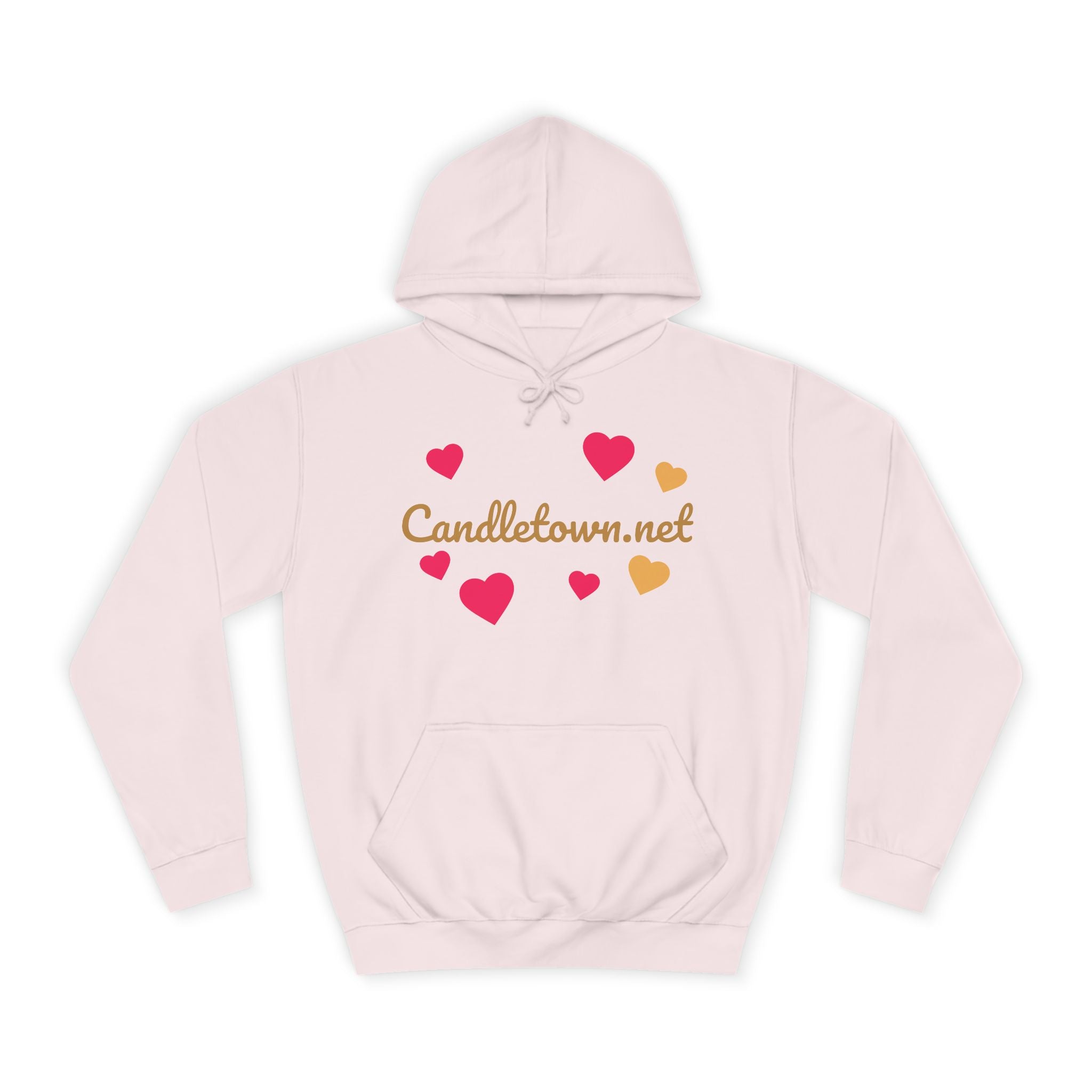 Pink hoodie with heart designs and 'Candletown.net' text on a white background