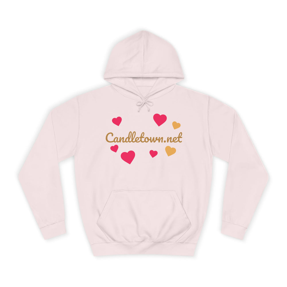 Pink hoodie with heart designs and 'Candletown.net' text on a white background