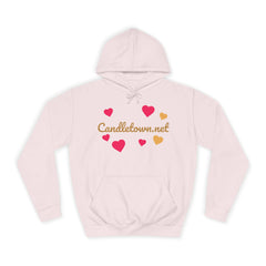 Pink hoodie with heart designs and 'Candletown.net' text on a white background
