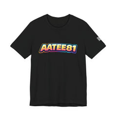 Black t-shirt with colorful 'AATEE81' text on a white background