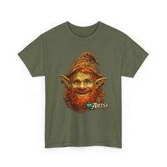 Green t-shirt with an elf graphic and 'Artsi' text on a white background