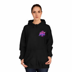 A woman modeling a black pullover hoodie with a colorful graphic on the left chest that reads 'Be My ANIZ'. The background is solid white.