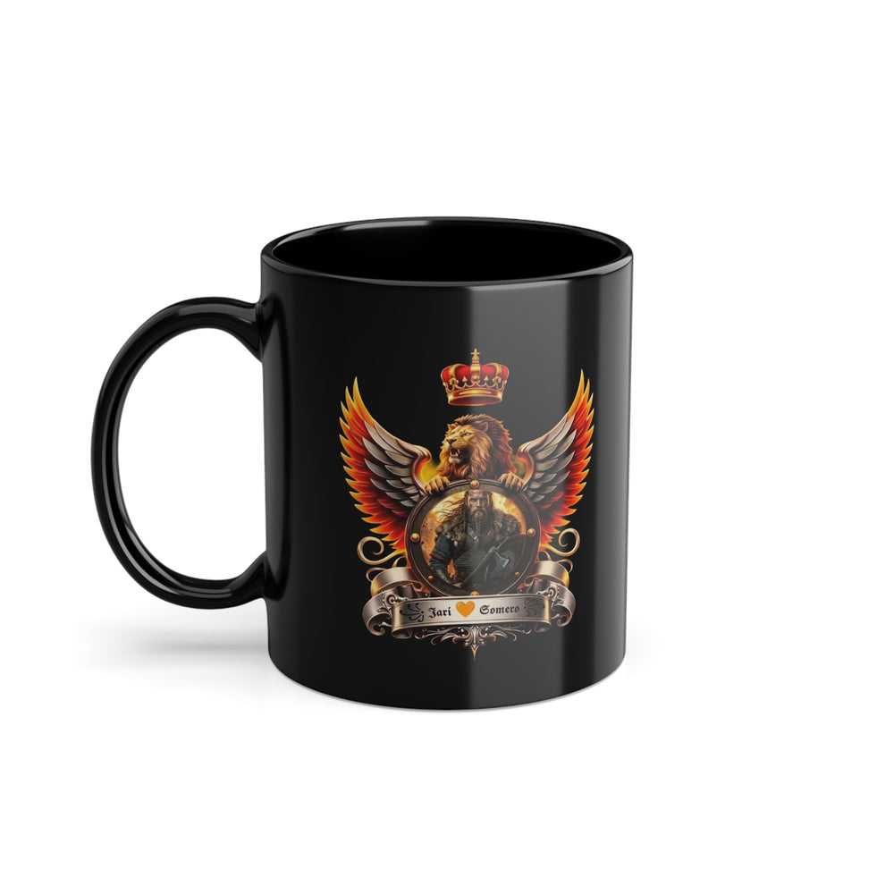 Black mug with a lion emblem featuring wings and a crown on a white background