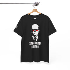 Black t-shirt with a graphic design and text on a white background