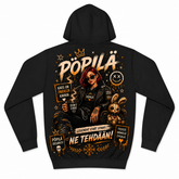 A black pullover hoodie shown from the back, featuring a large, detailed graphic print in orange, gold, and white. The graphic includes the text 'PÖPILÄ' and various illustrated elements like a rabbit, skull, and stars.