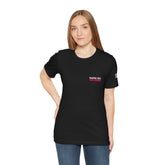 Woman wearing a black t-shirt with 'NAANTALI 2026 TIKTOK TAPAHTUMA" text on a white background