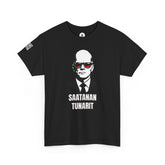 Black t-shirt with a graphic of a man in a suit and sunglasses and text on a white background