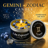 Gemini zodiac candle with decorative stones and packaging on a blue and gold background
