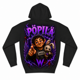 A black pullover hoodie shown from the back, featuring a large graphic print of a cartoon character with a rabbit, purple lightning effects, and the text 'PÖPILÄ' and 'WICIZ'.