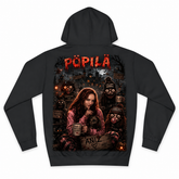 A black pullover hoodie shown from the back, featuring a large graphic print with the word 'PÖPILÄ' in dripping red letters above a dark illustrated scene with a woman and several creepy faces.