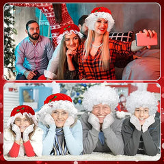 Two sets of people wearing festive hats and outfits, with one set taking a selfie.