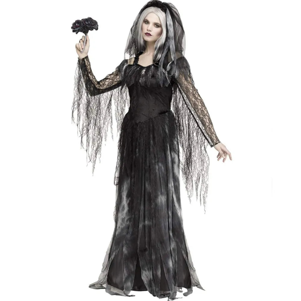 Gothic Ghost Bride Costume – Halloween Vampire & Witch Dress Set for Women - candletown.net