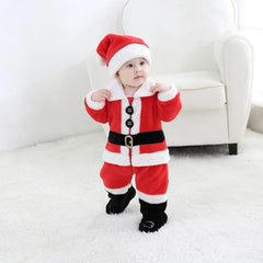 Baby wearing a red Santa Claus outfit with a white background