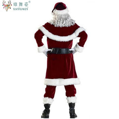 Santa Claus costume with red suit, white fur trim, and black belt on a white background.