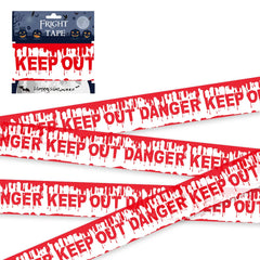 Red and white 'Keep Out Danger' tape with packaging on a white background