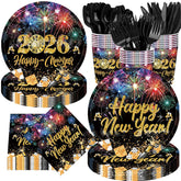 New Year's Eve party supplies including plates, cups, and utensils with 'Happy New Year 2026' design.
