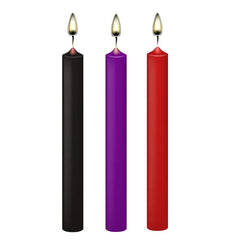 Three candles in black, purple, and red on a white background