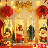 Four decorative candles with Christmas designs on a table, surrounded by festive decorations.