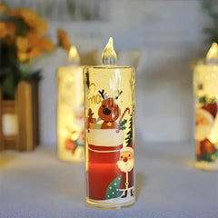 Decorative candle with Christmas design on a blurred background