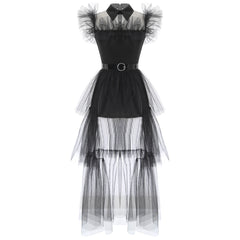 Gothic Witch Halloween Costume for Adults – Ruffled Mesh Long Dress with Belt - candletown.net