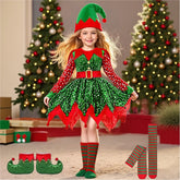 Child in an elf costume with Christmas trees and presents in the background