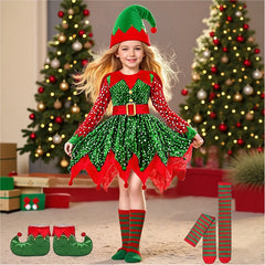 Child in an elf costume with Christmas trees and presents in the background