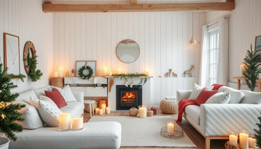 A cozy living room decorated for Candle Week with various candles creating a warm atmosphere