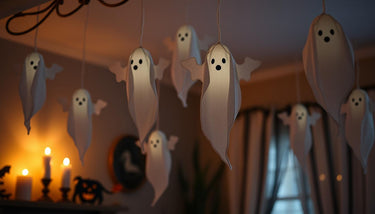 DIY Halloween ghost decorations floating in a dimly lit room with candles creating a spooky atmosphere