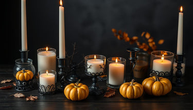 Halloween decorations featuring eco-friendly candles and gothic candle holders creating a spooky atmosphere