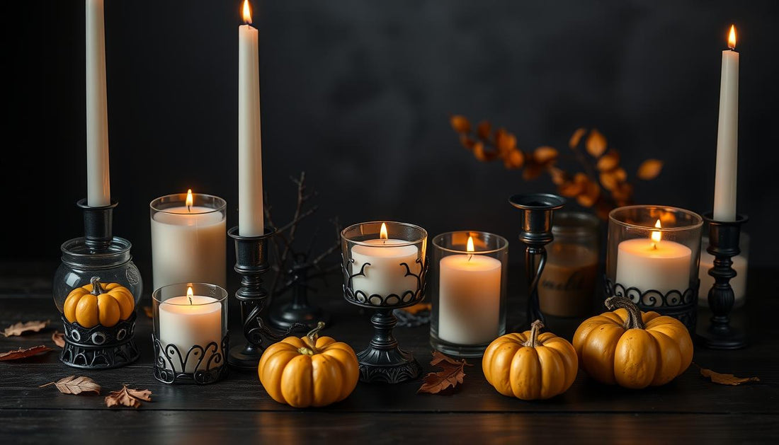 Halloween decorations featuring eco-friendly candles and gothic candle holders creating a spooky atmosphere