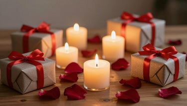 Romantic Valentine's Day candles and gifts arranged on a table with rose petals