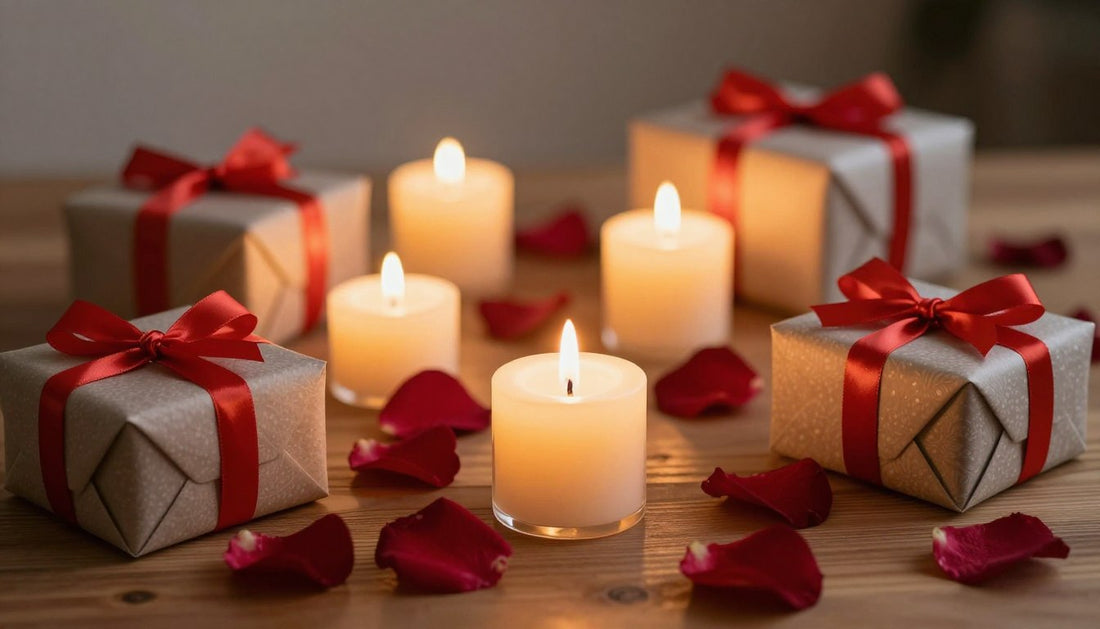 Romantic Valentine's Day candles and gifts arranged on a table with rose petals