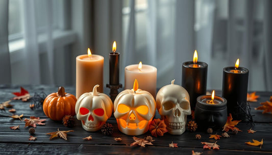 Assortment of Halloween candles including pumpkin shapes and skull designs with warm glowing flames