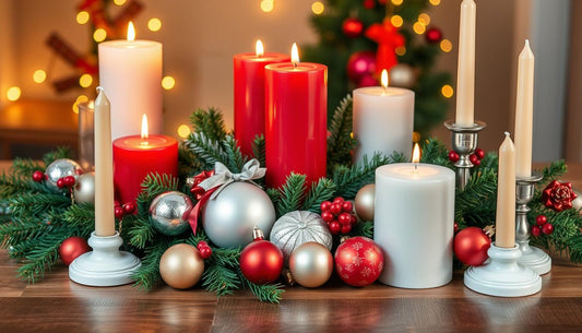 Assortment of Christmas candles and decorations from Candletown creating a festive atmosphere