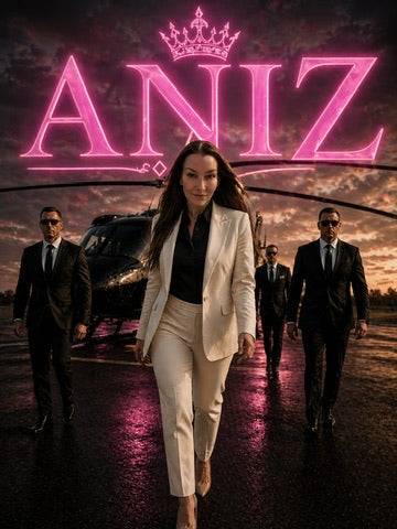 Promotional poster for 'ANIZ' featuring a woman in a beige blazer and trousers walking forward on a runway, flanked by four men in black suits, with a helicopter behind her and a large pink neon-style 'ANIZ' title with a crown above.