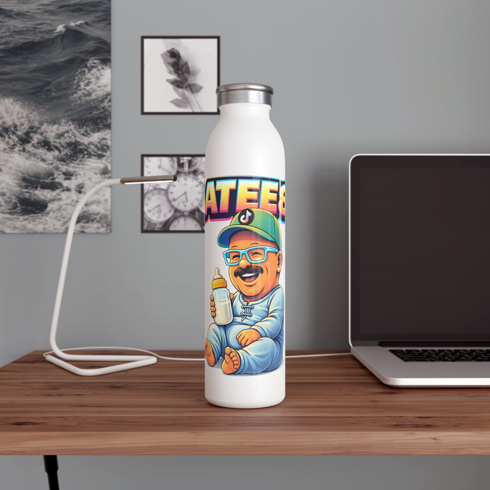 White water bottle with colorful design on a wooden desk with a laptop and lamp.