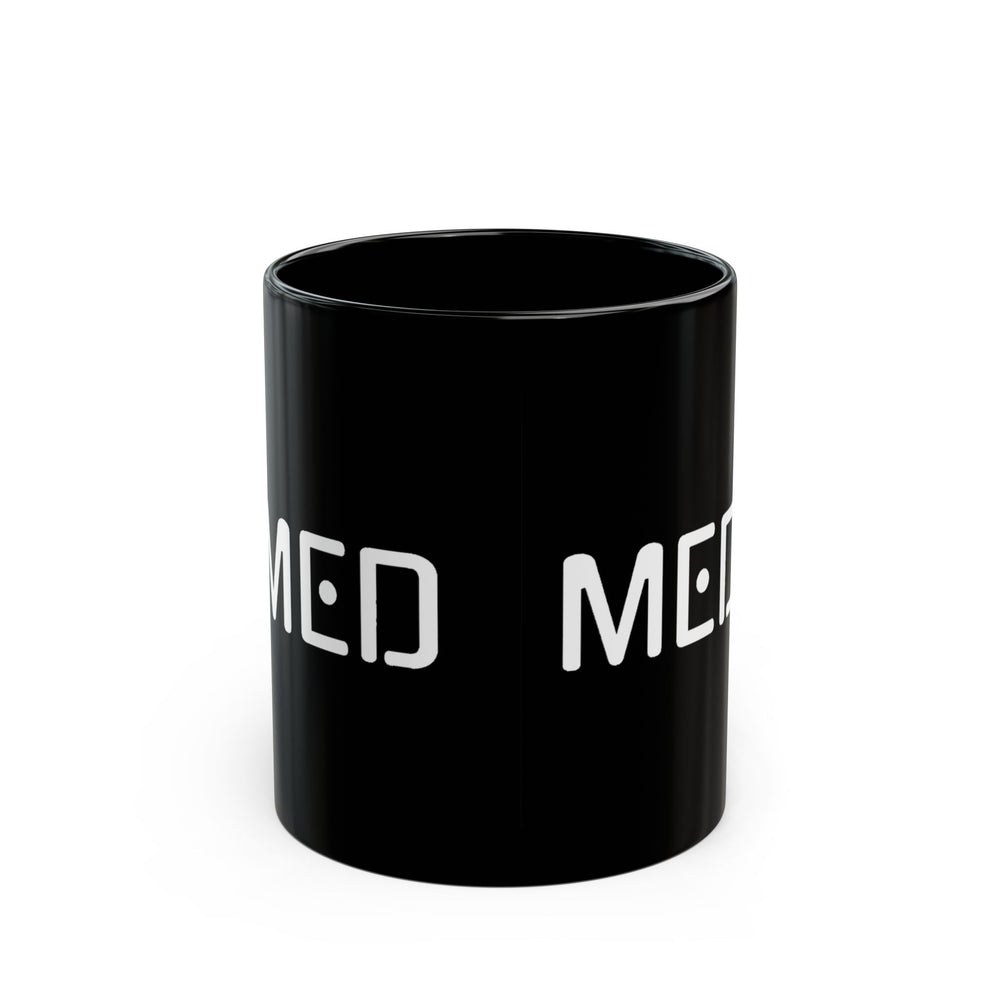 Black mug with 'MED' printed on a white background