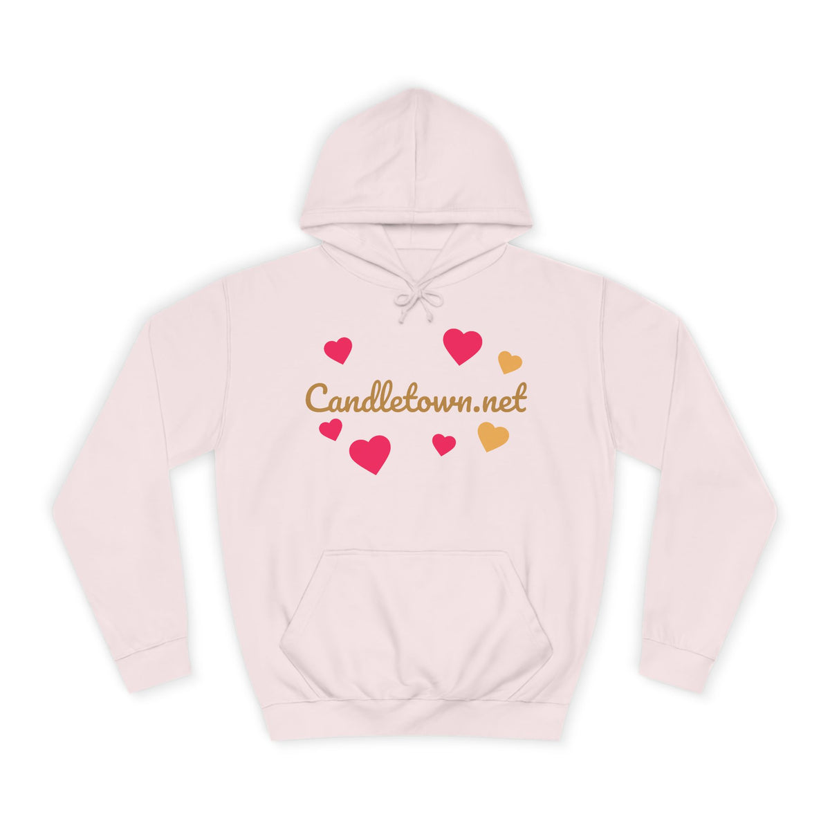 Pink hoodie with heart designs and 'Candletown.net' text on a white background