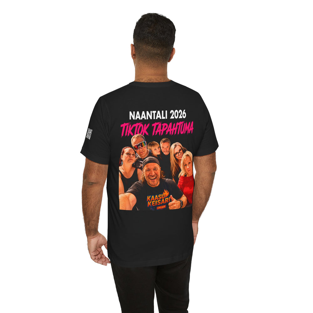 Person wearing a black t-shirt with a print and text design on the back, on a white background