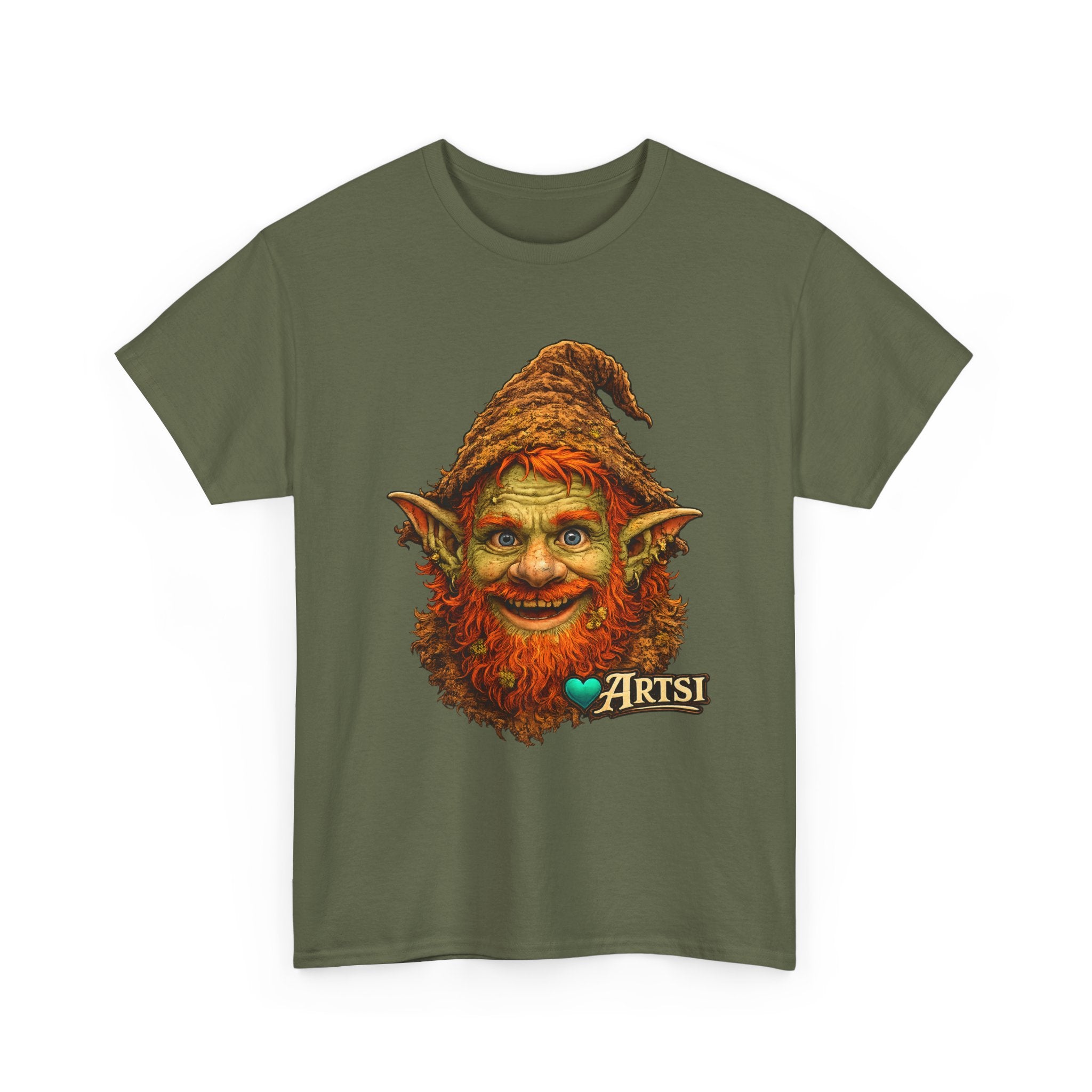 Green t-shirt with an elf graphic and 'Artsi' text on a white background