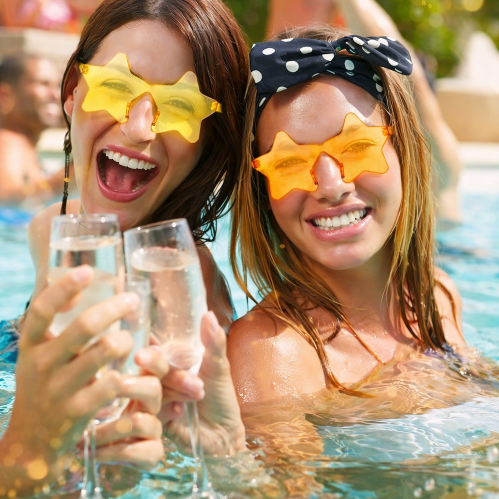 Two women in a pool with sunglasses and champagne glasses, enjoying a sunny day.