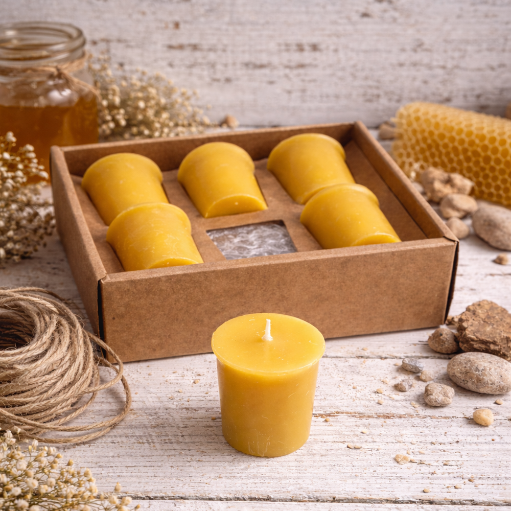 Set of beeswax candles in a cardboard box on a rustic wooden surface with natural elements.