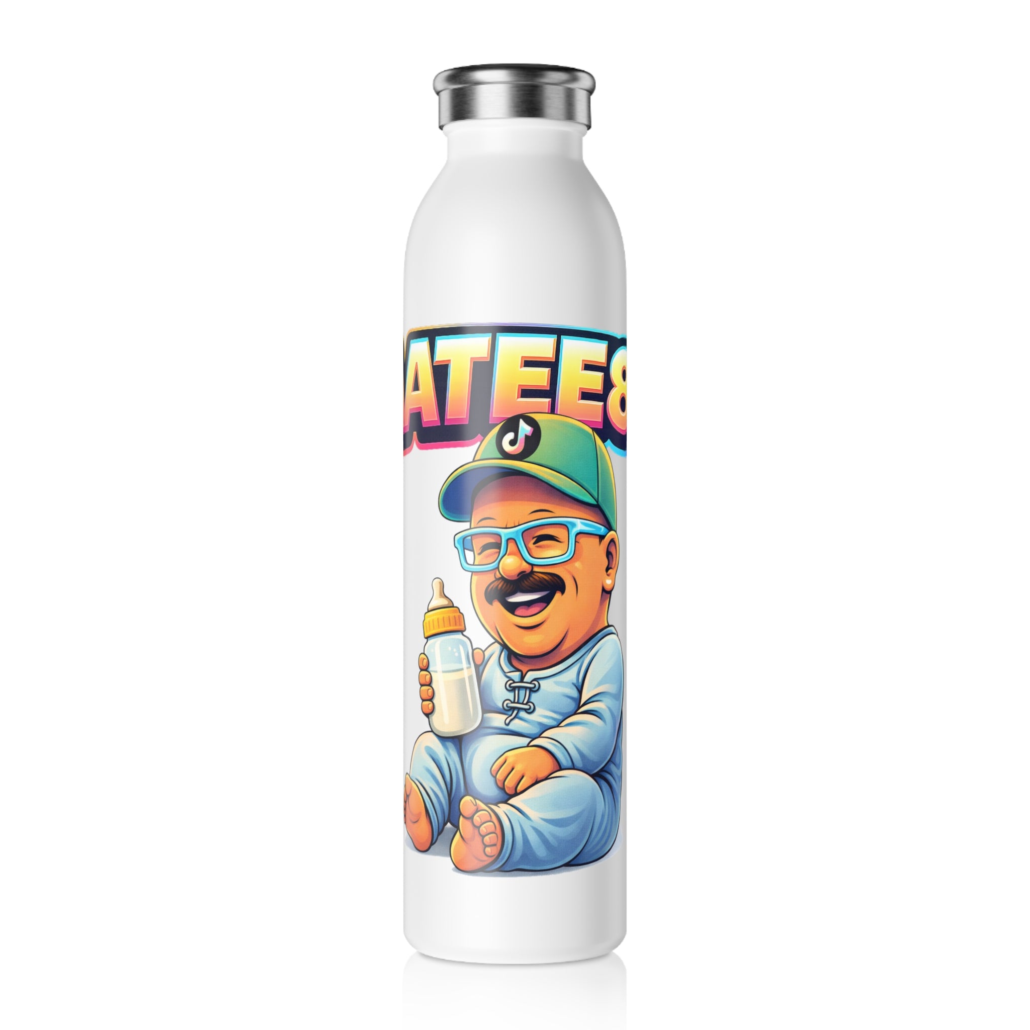 White water bottle with colorful graphic design on a white background