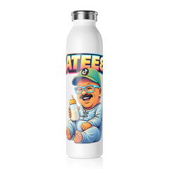 White water bottle with colorful graphic design on a white background