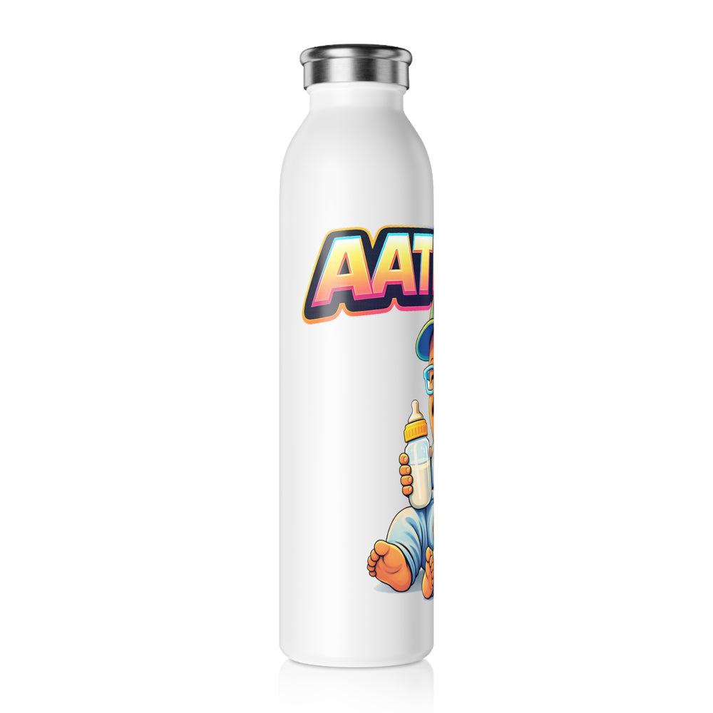 White water bottle with colorful 'AATEE' logo and cartoon character on a white background