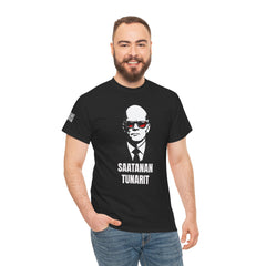 Man wearing a black t-shirt with a graphic design and text on a white background