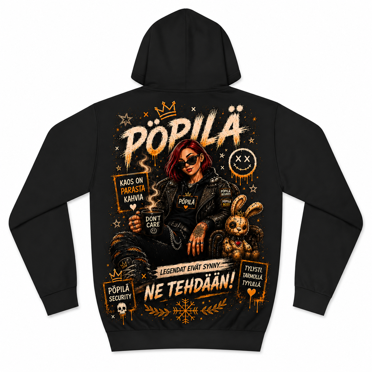 A black pullover hoodie shown from the back, featuring a large, detailed graphic print in orange, gold, and white. The graphic includes the text 'PÖPILÄ' and various illustrated elements like a rabbit, skull, and stars.