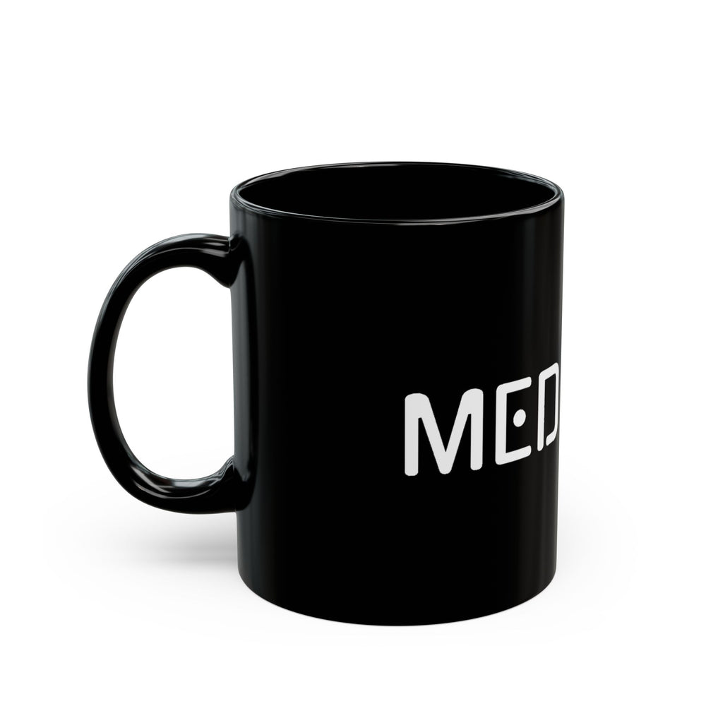 Black mug with 'MED' printed on it against a white background